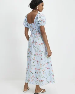 Blue Floral Shirred Midi dress