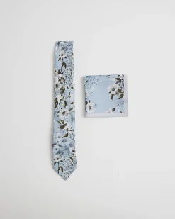 Blue Floral Tie and Handkerchief Set