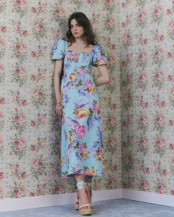 Blue Gathered Hip Floral Midi Dress