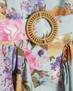 Blue Gathered Hip Floral Midi Dress
