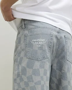 Blue Geometric Print Denim Shorts