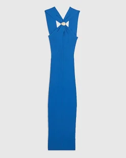 Blue Halter Neck Brooch Knitted Midi Dress