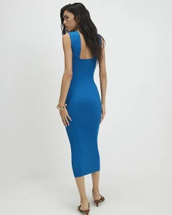 Blue Halter Neck Brooch Knitted Midi Dress