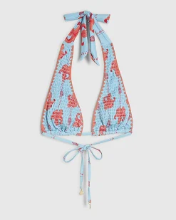 Blue High Apex Shirred Palm Print Bikini Top