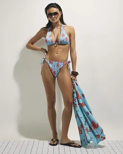 Blue High Leg Shirred Palm Bikini Bottoms