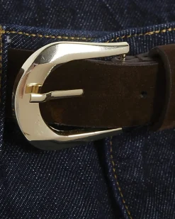 Blue High Waisted Belted Straight Leg Jeans