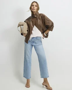 Blue High Waisted Wide Leg Cropped Jeans