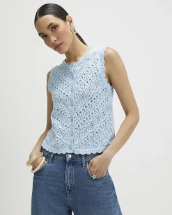 Blue Knit Scallop Trim Top