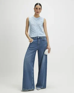 Blue Knit Scallop Trim Top