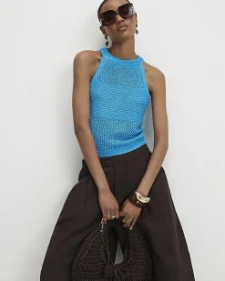 Blue Knitted Pointelle Sequin Vest Top