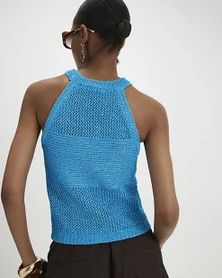 Blue Knitted Pointelle Sequin Vest Top
