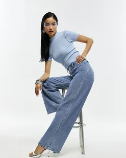 Blue Knitted Short Sleeve Frill Top