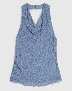 Blue Lace Halter Neck Cowl Neck Top