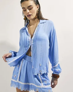 Blue Lace Trim Embroidered Beach Shirt