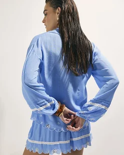 Blue Lace Trim Embroidered Beach Shirt