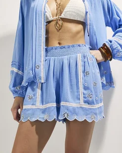 Blue Lace Trim Embroidered Beach Shorts