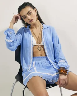 Blue Lace Trim Embroidered Beach Shorts