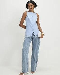 Blue Lace Trim High Neck Waistcoat