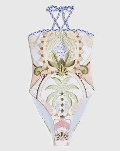 Blue Leaf Print Bandeau Swimsuit
