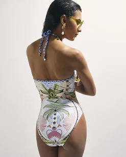 Blue Leaf Print Bandeau Swimsuit