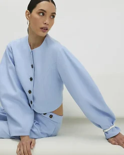 Blue Linen Blend Balloon Sleeve Jacket