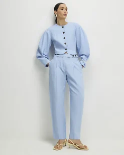 Blue Linen Blend Balloon Sleeve Jacket