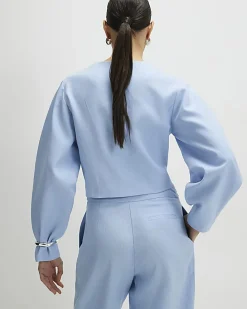Blue Linen Blend Balloon Sleeve Jacket