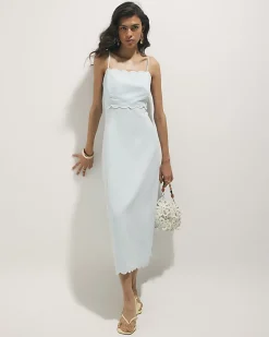 Blue Linen Blend Scallop Trim Midi Dress