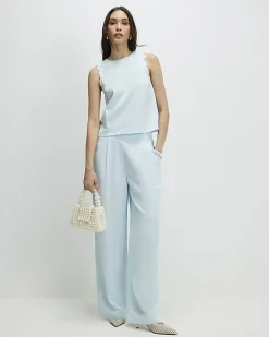 Blue Linen Blend Scallop Trim Tank Top