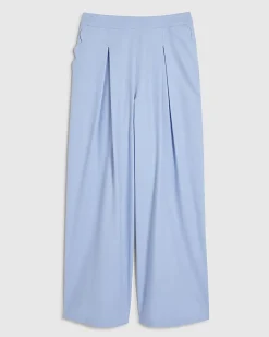 Blue Linen Blend Scallop Wide Leg Trousers