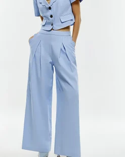 Blue Linen Blend Scallop Wide Leg Trousers