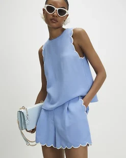 Blue Linen Blend Scallop Trim Shorts
