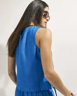 Blue Linen Blend Sleeveless Tank Top