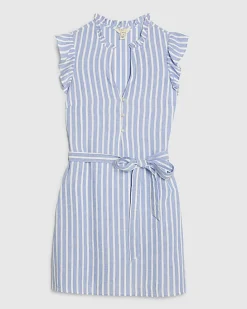 Blue Linen Blend Stripe Belted Dress