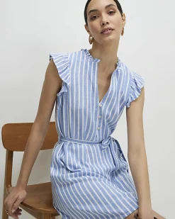 Blue Linen Blend Stripe Belted Dress