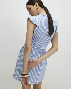 Blue Linen Blend Stripe Belted Dress