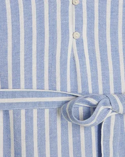 Blue Linen Blend Stripe Belted Dress