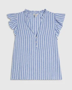 Blue Linen Blend Stripe Frill Blouse