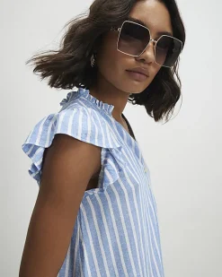 Blue Linen Blend Stripe Frill Blouse