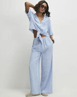 Blue Linen Blend Stripe Trousers
