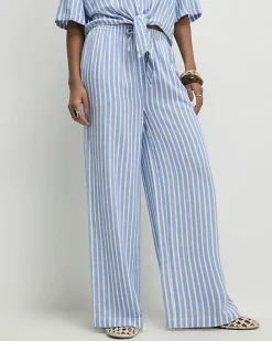 Blue Linen Blend Stripe Trousers