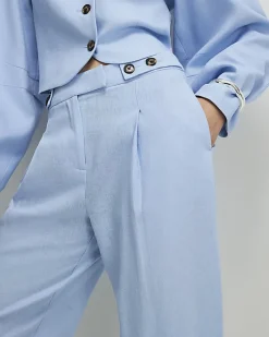 Blue Linen Blend Tailored Barrel Trousers