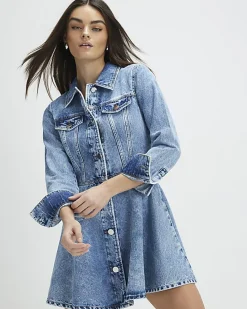 Blue Long Sleeve Denim Mini Shirt Dress