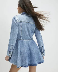 Blue Long Sleeve Denim Mini Shirt Dress