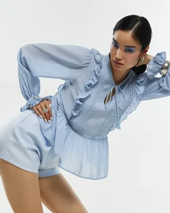 Blue Long Sleeve Lace Insert Blouse