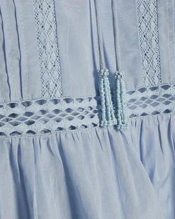 Blue Long Sleeve Lace Insert Blouse