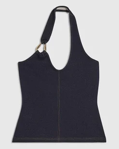 Blue Metal Ring Halter Neck Denim Top