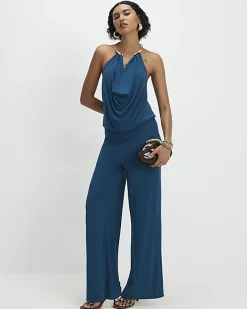 Blue Metal Trim Cowl Neck Jumpsuit
