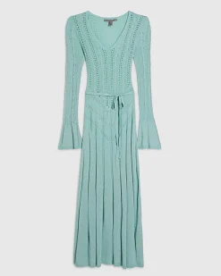 Blue Metallic Flare Knitted Midi Dress