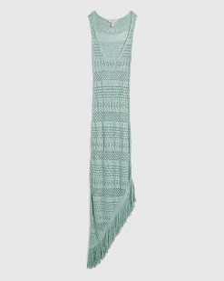 Blue Metallic Knit Asymmetric Midi Dress